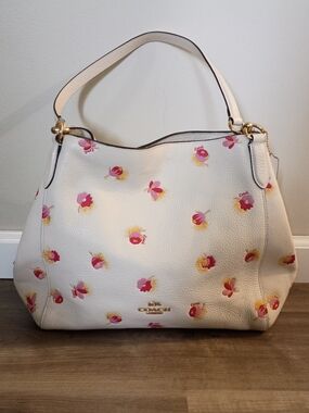 Coach C5804 Hallie Shoulder Handbag With Pop Floral Print Chalk Pebble Leather